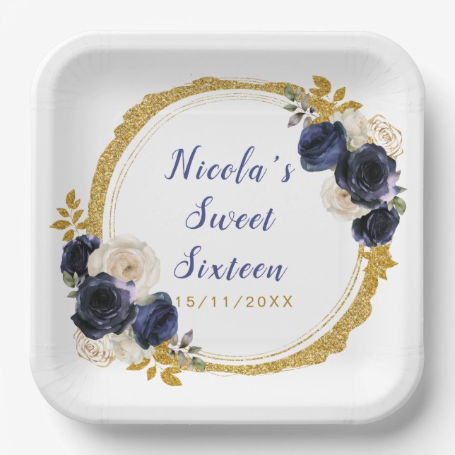 Navy Blue and Gold Elegant Flowers Sweet Sixteen Paper Plate (Front)
