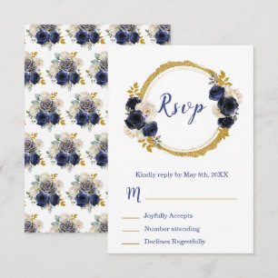 Navy Blue and Gold Elegant Flowers Sweet Sixteen RSVP Card