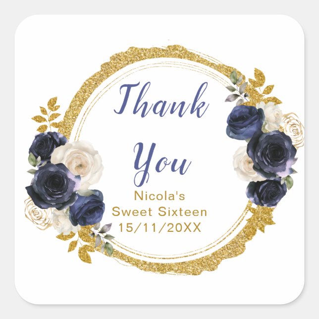 Navy Blue and Gold Elegant Flowers Sweet Sixteen Square Sticker (Front)
