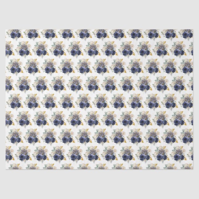 Navy Blue and Gold Elegant Flowers  Tissue Paper (Front)