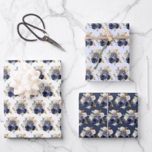 Navy Blue and Gold Elegant Flowers Wrapping Paper Sheet