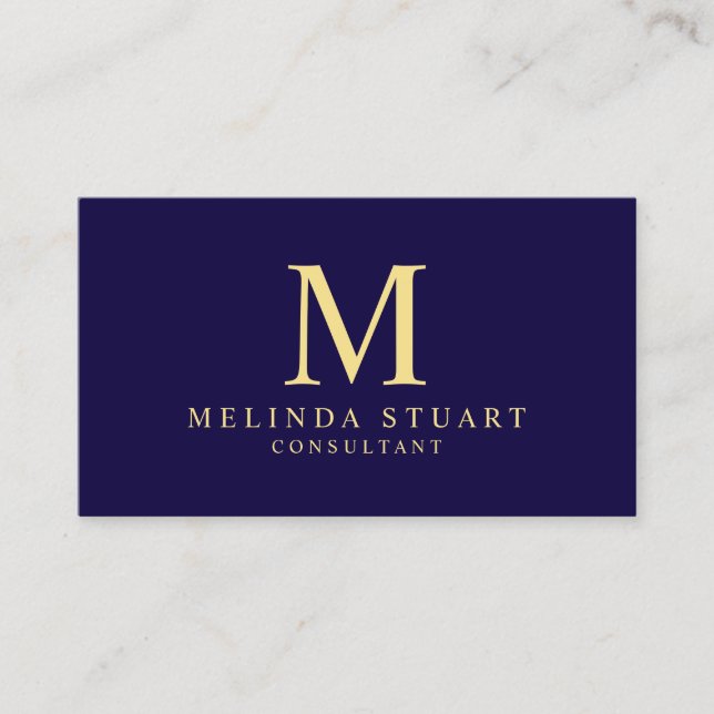 Navy Blue and Gold Elegant Monogram Business Card (Front)