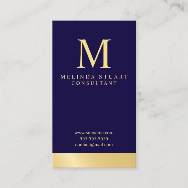 Navy Blue and Gold Elegant Monogram Business Card (Front)