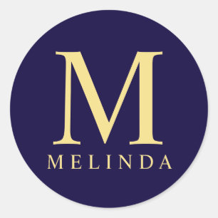 Navy Blue and Gold Elegant Monogram Classic Round Sticker