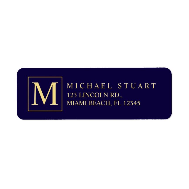 Navy Blue and Gold Elegant Monogram Return Address Label (Front)