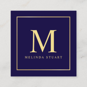 Navy Blue and Gold Elegant Monogram Square Business Card