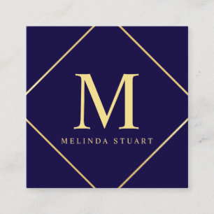 Navy Blue and Gold Elegant Monogram Square Business Card