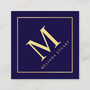 Navy Blue and Gold Elegant Monogram Square Business Card
