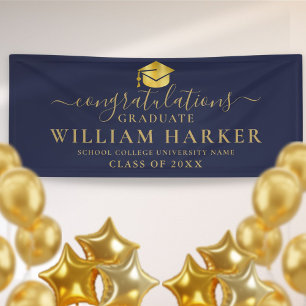 Navy Blue And Gold Elegant Script Graduation Banner