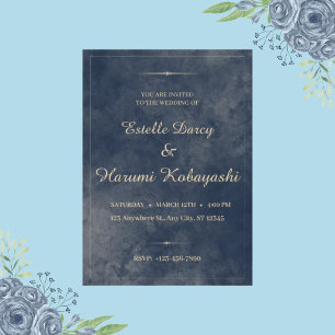 Navy Blue and Gold Elegant, Watercolor Background Invitation