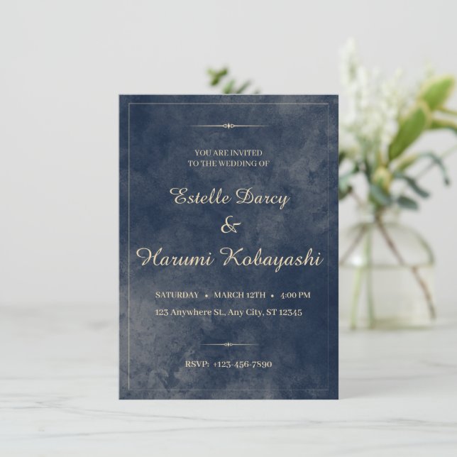 Navy Blue and Gold Elegant, Watercolor Background Invitation (Standing Front)