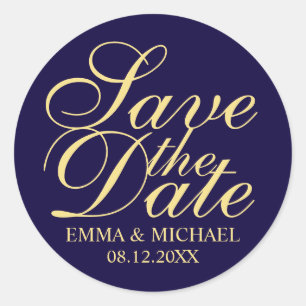Navy Blue and Gold Elegant Wedding Save the Date Classic Round Sticker