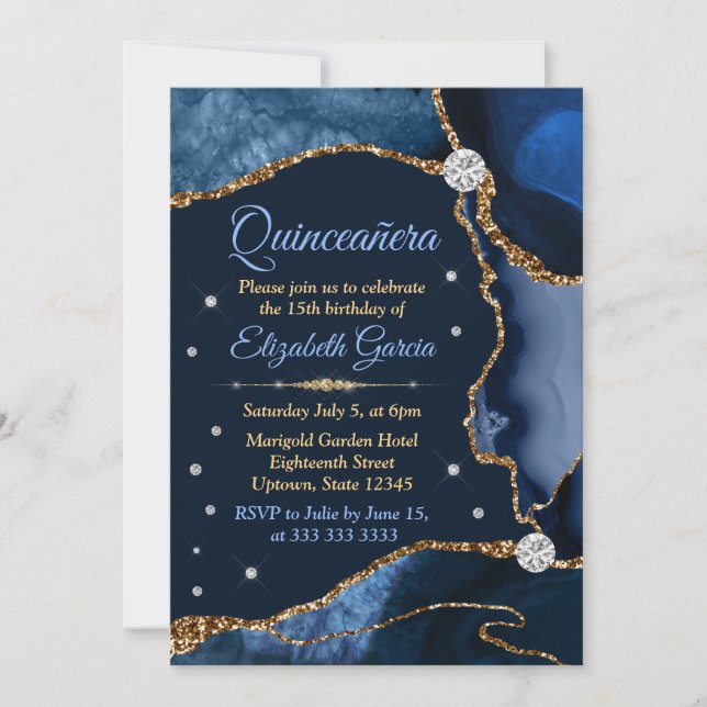 Navy Blue and Gold Faux Glitter Agate Quinceanera Invitation (Front)