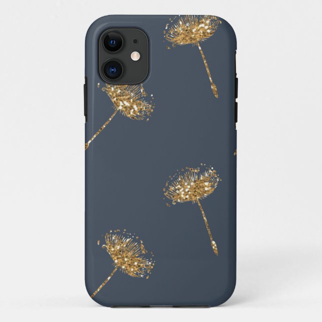 Navy Blue and Gold Faux Glitter Dandelion Flowers Case-Mate iPhone Case (Back)