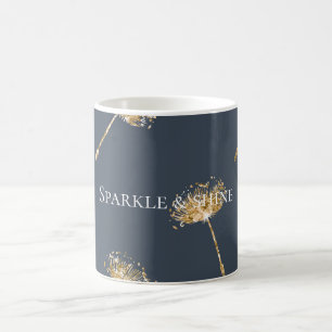 Navy Blue and Gold Faux Glitter Dandelion Flowers Coffee Mug