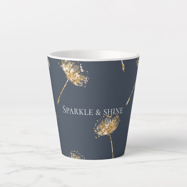 Navy Blue and Gold Faux Glitter Dandelion Flowers Latte Mug (Front)