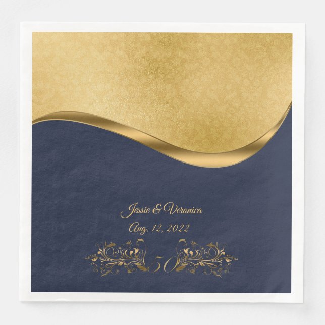 Navy Blue and Gold Fiftieth Wedding Anniversary Napkin (Front)