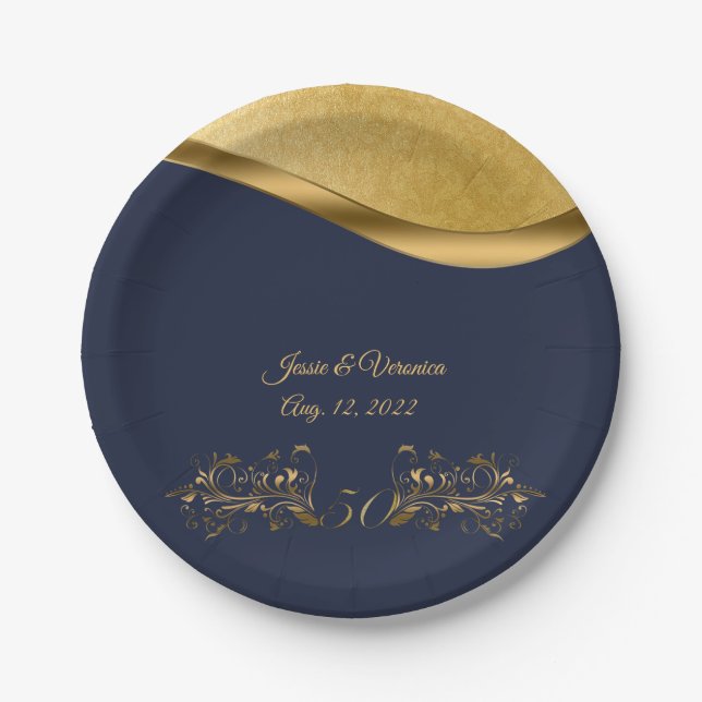 Navy Blue and Gold Fiftieth Wedding Anniversary Paper Plate (Front)