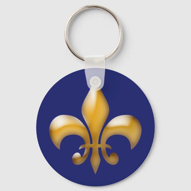 Navy Blue and Gold Fleur de Lis Key Ring (Front)