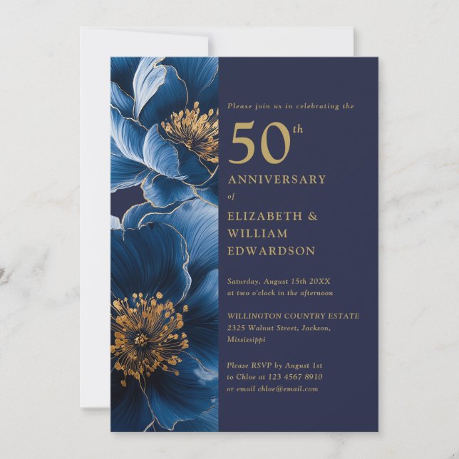Navy Blue And Gold Floral 50th Anniversary Invitation (Front)