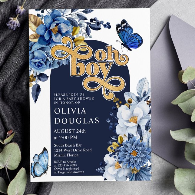 Navy Blue and Gold Floral Butterfly Baby Shower Invitation (Creator Uploaded)