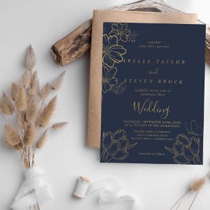 Navy Blue and Gold Floral Butterfly Wedding Invitation