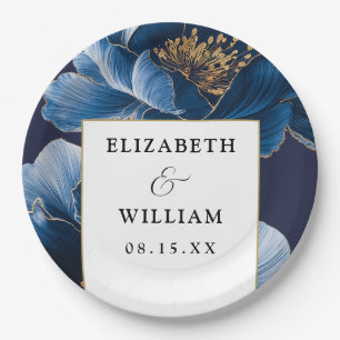 Navy Blue And Gold Floral Elegant Modern Wedding Paper Plate