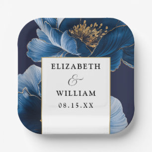 Navy Blue And Gold Floral Elegant Modern Wedding Paper Plate