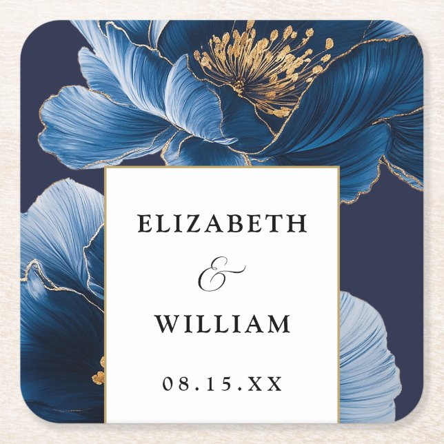 Navy Blue And Gold Floral Elegant Modern Wedding Square Paper Coaster (Front)