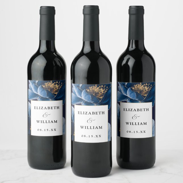 Navy Blue And Gold Floral Elegant Modern Wedding Wine Label (Bottles)