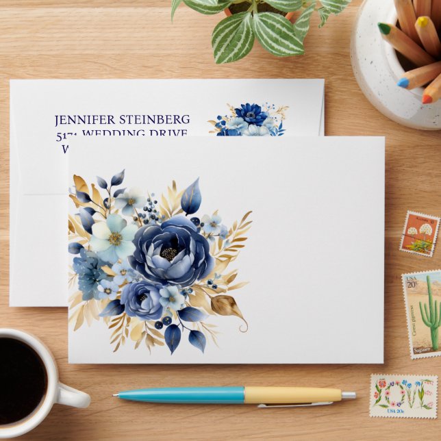 Navy Blue and Gold Floral Fancy Wedding Envelopes (Desk)
