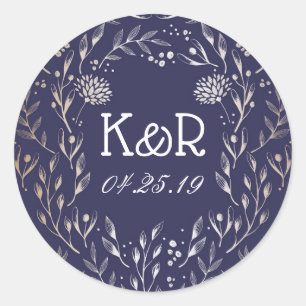 Navy Blue and Gold Floral Garden Wedding Classic Round Sticker