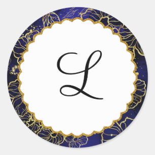Navy Blue and Gold Floral Monogram Sticker