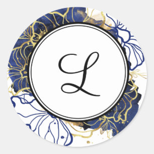 Navy Blue and Gold Floral Monogram Sticker