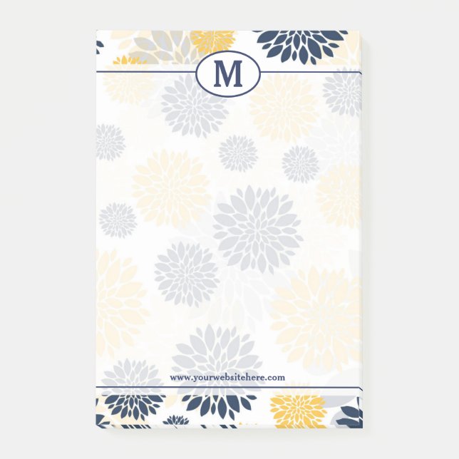 Navy Blue and Gold Floral Pattern Monogram Post-it Notes (Front)