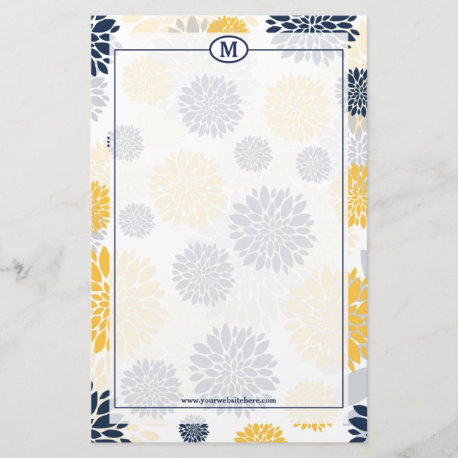 Navy Blue and Gold Floral Pattern Monogram Stationery (Front)