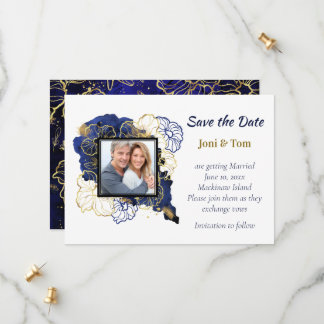 Navy Blue and Gold Floral Photo Save The Date 