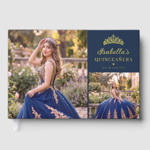 Navy Blue and Gold Floral Quinceañera Guest Book