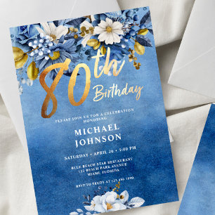 Navy Blue and Gold Floral Roses 80th Birthday Invitation