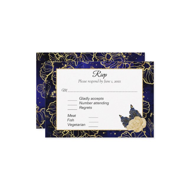 Navy Blue and Gold Floral RSVP (Front/Back In Situ)