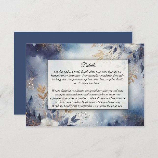 Navy Blue and Gold Floral Wedding Enclosure Card (Front/Back)