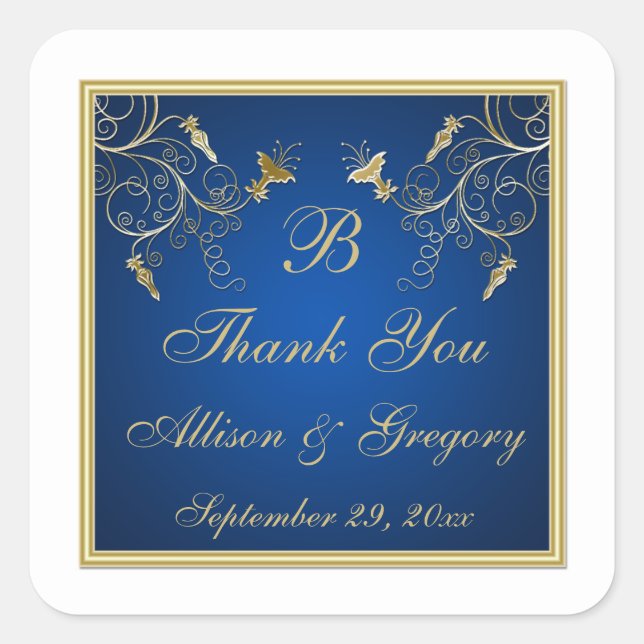 Navy Blue and Gold Floral Wedding Favour Sticker (Front)
