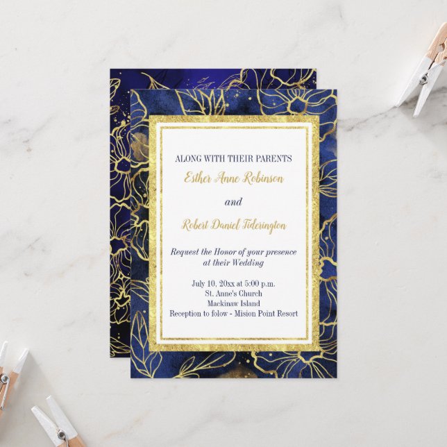 Navy Blue and Gold Floral Wedding Invitation  (Front/Back In Situ)