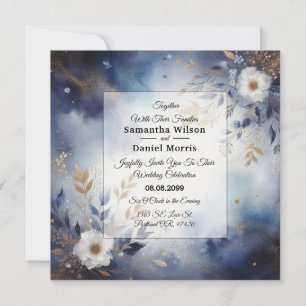Navy Blue and Gold Floral Wedding  Invitation