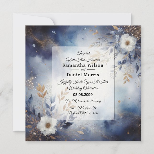 Navy Blue and Gold Floral Wedding  Invitation (Front)