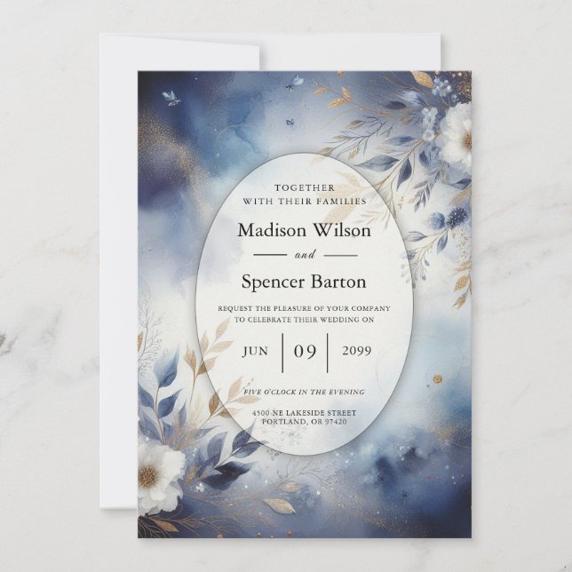 Navy Blue and Gold Floral Wedding Invitation (Front)