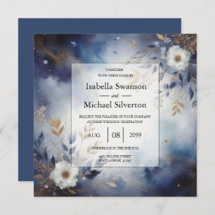Navy Blue and Gold Floral Wedding Invitation