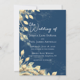 Navy Blue and Gold Floral Wedding Invitation