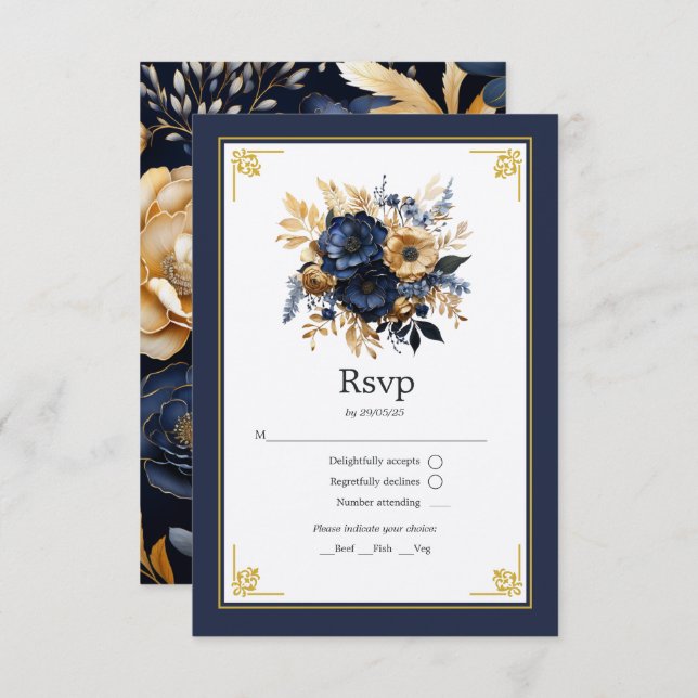 Navy Blue and Gold Floral Wedding RSVP Card (Front/Back)
