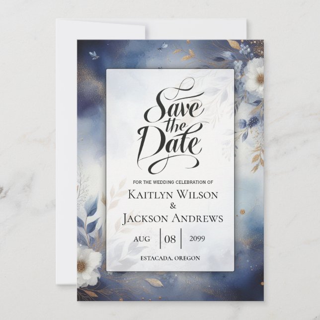 Navy Blue and Gold Floral Wedding Save the Date (Front)